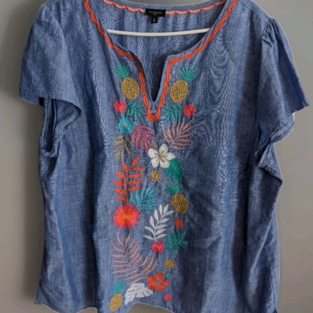 Talbots Blue Chambray Tropical Embroidered Blouse - Picture 2 of 7